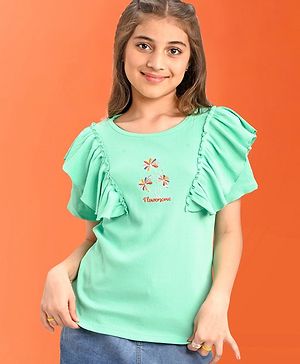 Pine Kids 100% Cotton Half Frill Sleeves Floral Embroidered Top - Blue
