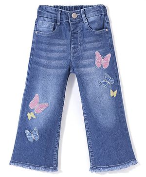 Babyhug Denim Washed Full Length Stretchable Jeans with Butterfly Embroidery -Blue