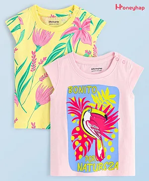 Honeyhap Premium  100%  Cotton Knit Half Sleeves T-Shirts  With Bio Finish Floral & Toucan Bird Print Pack of 2   -  Gold Finch &  Marys Rose