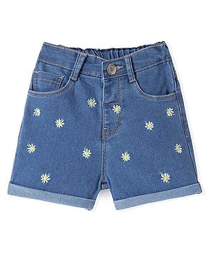 Babyhug Denim Washed Mid Thigh Length Stretchable Shorts with Floral Embroidery -Blue