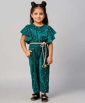 Lil Drama Half Flutter Sleeves All Over Stars Glitter Printed Velvet Jumpsuit With Belt - Green