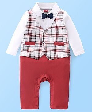 Babyhug Cotton Knit Full Sleeves Party Romper Checkered - Red & White