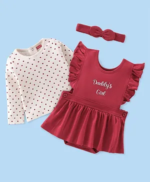 Babyhug 100% Cotton Full Sleeves Inner Tee with Frock Style Onesie with Headband Text Printed - Red