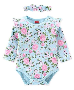 Babyhug 100% Cotton Full Sleeves Onesie with Head Band Floral Print - Blue