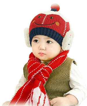 Ziory Smiley Face Design Cap With Muffler - Red