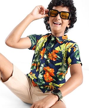 Pine Kids Viscose Woven Half Sleeves Shirt Floral Print - Navy Blue