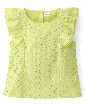Babyhug Cotton Woven Frill Sleeves Top with Schiffli Detailing - Lime Green