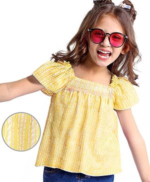 Babyhug Half Sleeves Striped Top With Smocking & Lace Detailing - Yellow