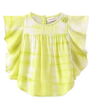 Babyhug Rayon Woven Half Sleeves Tie Dye Printed Top with Frill & Lace Detailing - Green