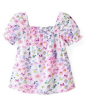 Babyhug Rayon Woven Half Sleeves Top with Smocking Detailing & Floral Print - White & Pink