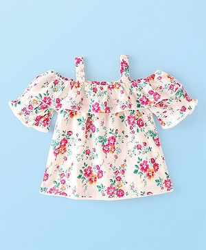 Babyhug Rayon Cold Shoulder Half Sleeves Floral & Lace Detailing Top - Offwhite