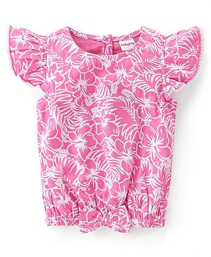 Babyhug Rayon Woven Half Sleeves Top With Lace & Bow Detailing Floral Print - Pink