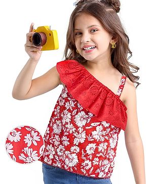 Babyhug 100% Rayon Sleeveless Woven Top With Schiffli & Lace Detailing Floral Print - Red