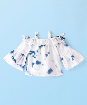 Babyhug Woven Cold Shoulder Three Fourth Sleeves Tie & Dye Top - White & Blue