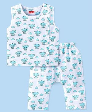 Babyhug Sleeveless Jhabla & Full Length Pajama Set With Elephant Print - Blue