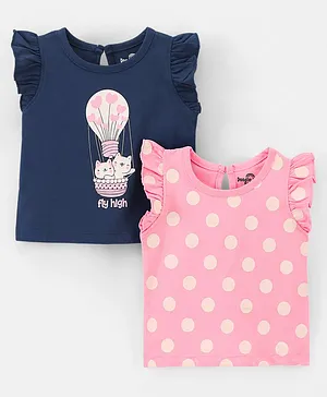 Doodle Poodle 100% Cotton Frill Sleeves Polka Dots & Kitty Printed T-Shirts Pack of 2 -Navy & Pink