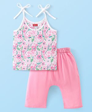 Babyhug 100% Cotton Woven Sleeveless Jhabla & Pajama Set Floral Print - Pink
