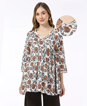 Bella Mama 100% Cotton Woven Overlapping Front With Three Fourth Sleeves Maternity Top Floral Print - White