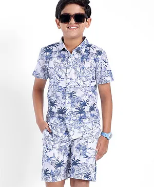Arias 100% Cotton Half Sleeves Shirt & Shorts Set With Tropical Print - White & Blue