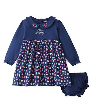 Babyhug 100% Cotton Jersey Knit Full Sleeves Frock With Bloomer Floral Print - Navy Blue