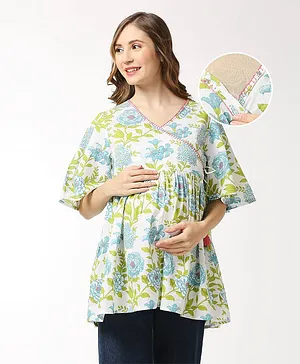 Bella Mama 100% Cotton Woven Overlapping Front With Half Sleeves Maternity Top Floral Print - White