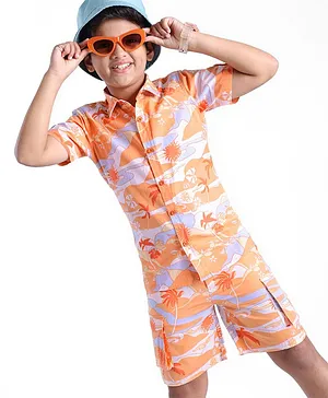 Arias 100% Cotton Half Sleeves Shirt & Shorts Set With Sunburst Print - Orange