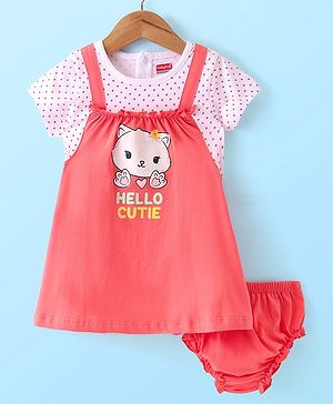 Babyhug Cotton Jersey Knit Half Sleeves Kitty Printed Frock with Bloomer - White & Peach