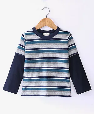 CrayonFlakes Full Doctor Sleeves Double Striped Tee - Grey & Blue