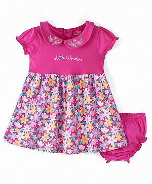 Babyhug Cotton Jersey Knit Half Sleeves Floral Print Frock with Blooomer-Pink
