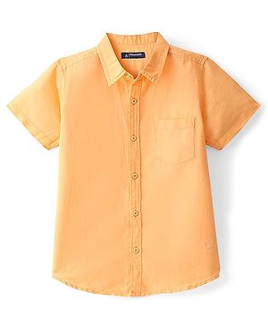 Pine Kids Linen Woven Half Sleeves Solid Color Shirt - Buff Orange