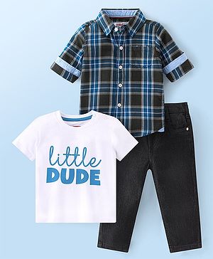 Babyhug 100% Cotton Woven Full Sleeves Checkered Shirt With Inner Tee & Denim Jeans - Blue