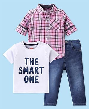 Babyhug Cotton Woven Full Sleeves Checkered Shirt with Inner Tee & Jeans - Pink & Blue