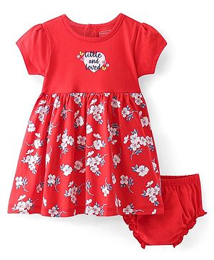 Babyhug 100% Cotton Jersey Knit Half Sleeves Frock With Bloomer Floral Print - Red