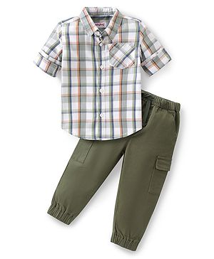 Babyhug 100% Cotton Woven Full Sleeves Shirt & Lounge Pants Checkered - White & Olive