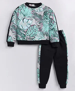 M'andy Full Sleeves Leaf Printed Coordinating Track Suit Set  - Black
