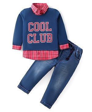 Babyhug Cotton Knit Full Sleeves Collared Overlap T-Shirt & Denim Pants Set With Text Print - Blue