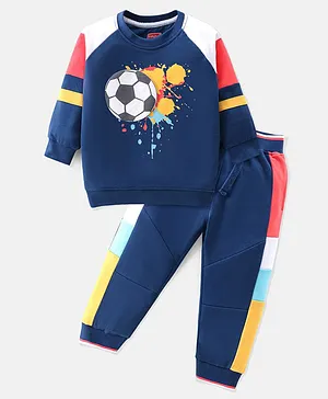 Babyhug 100% Cotton Knit Full Sleeves T-Shirt & Lounge Pant With Football Print - Navy Blue