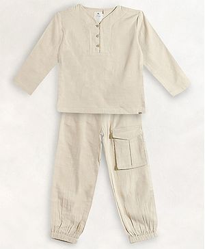 Cherry Crumble By Nitt Hyman Full Sleeves Solid Cotton  Night Suit - Cream