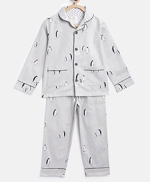 Cherry Crumble By Nitt Hyman Fill Sleeves Penguin  Printed Night Suit - Grey