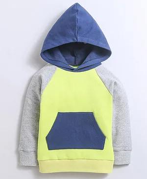 Nino Bambino 100% Cotton Full Sleeves Colour Blocked  Hoodie Sweatshirt - Neon Green Grey & Navy Blue