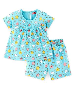 Babyhug Cotton Knit Half Sleeve Night Suit with Star Print - Blue