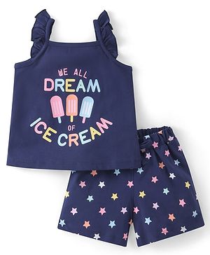 Babyhug Cotton Single Jersey Knit Frill Sleeves Night Suit Star & Ice Cream Print- Navy Blue