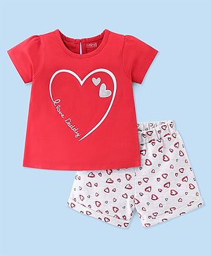 Babyhug Cotton Knit Half Sleeves Night Suit with Heart Print - Red & White