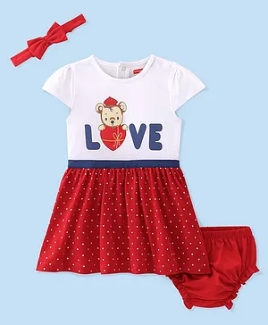 Babyhug  Cotton Jersey Knit Half Sleeves Frock with Bloomer & Headband Teddy & Text Print - Red & White