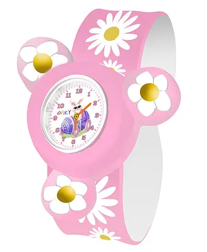 Spiky Pink LED Light Spinner Dial Snap Slap Bands with Flower Pattern Analog Watch