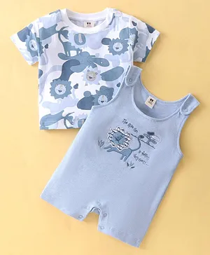 ToffyHouse Cotton Knit Dungaree With Half Sleeves T-Shirt Lion Embroidery & Print - Ice Blue