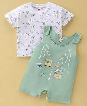 ToffyHouse  Cotton Knit  Dungaree Style Romper with Half Sleeves T-Shirt Car Print - Chinoise Green