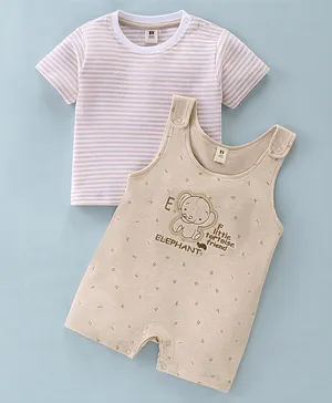 ToffyHouse Cotton Knit Elephant Embroidered Dungaree Style Romper and Striped Half Sleeves T-Shirt Set - Beige