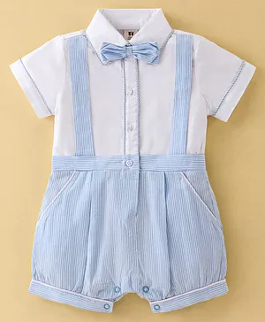 ToffyHouse Cotton Knit Half Sleeves Striped Party Rompers with Bow- Sky Blue