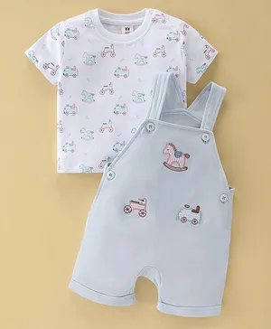 ToffyHouse Cotton Knit Dungaree  with  Half Sleeves T-Shirt   Horse & Car Print - Blue
